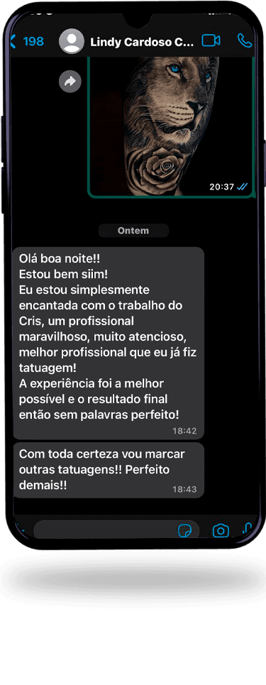 Print de depoimento de cliente satisfeito com tatuagem do Chris Tatuador, 1