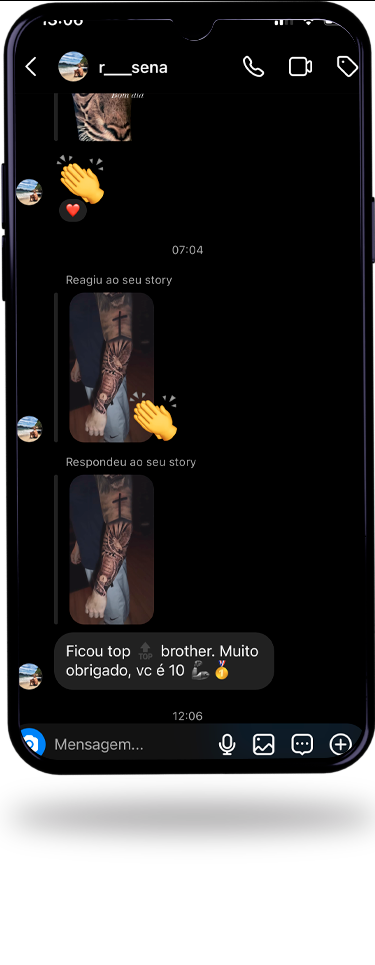 Print de depoimento de cliente satisfeito com tatuagem do Chris Tatuador, 3